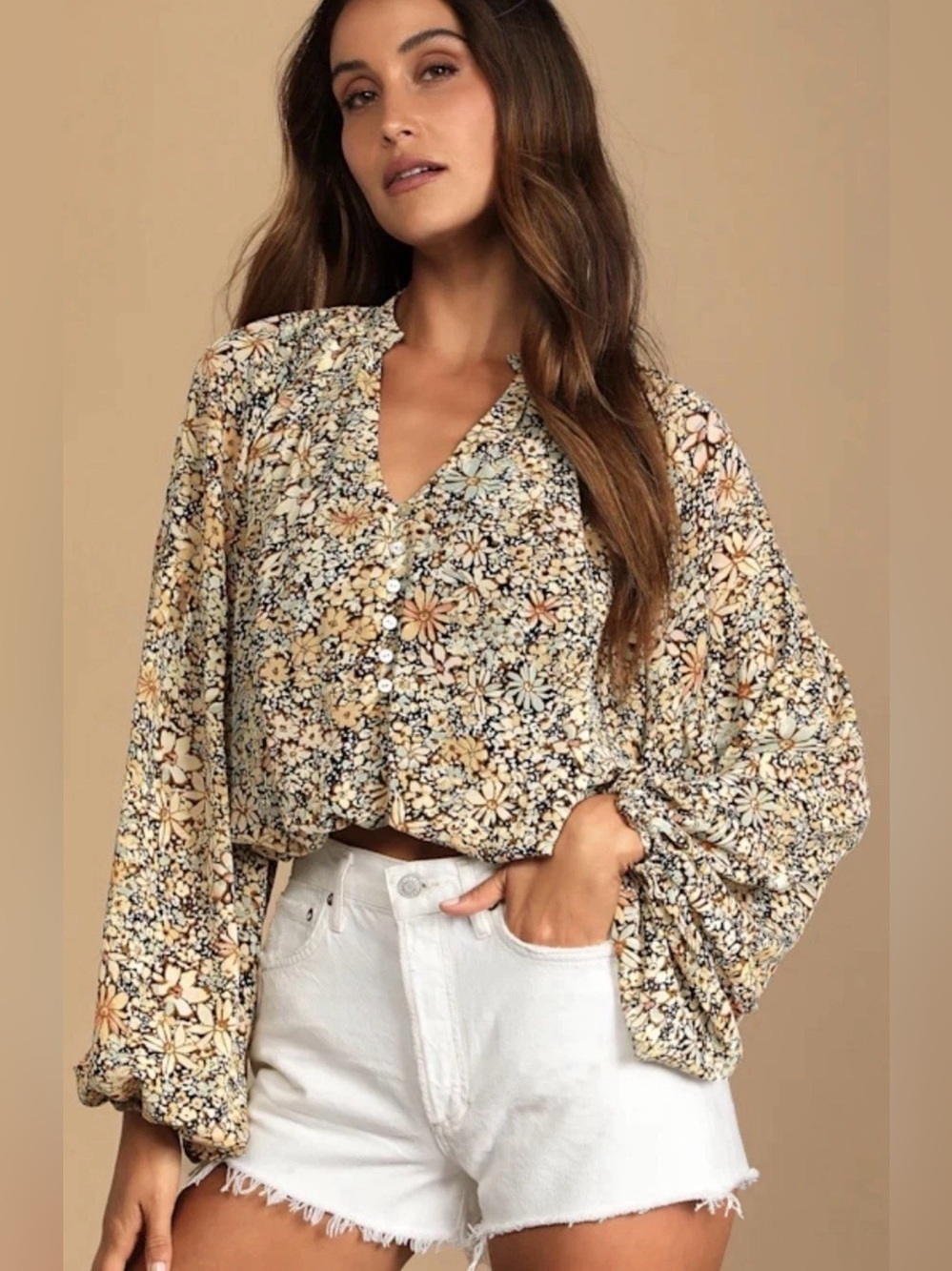 Lulus Season of Blooms Cream Multi Floral Print Balloon Sleeve Blouse Small